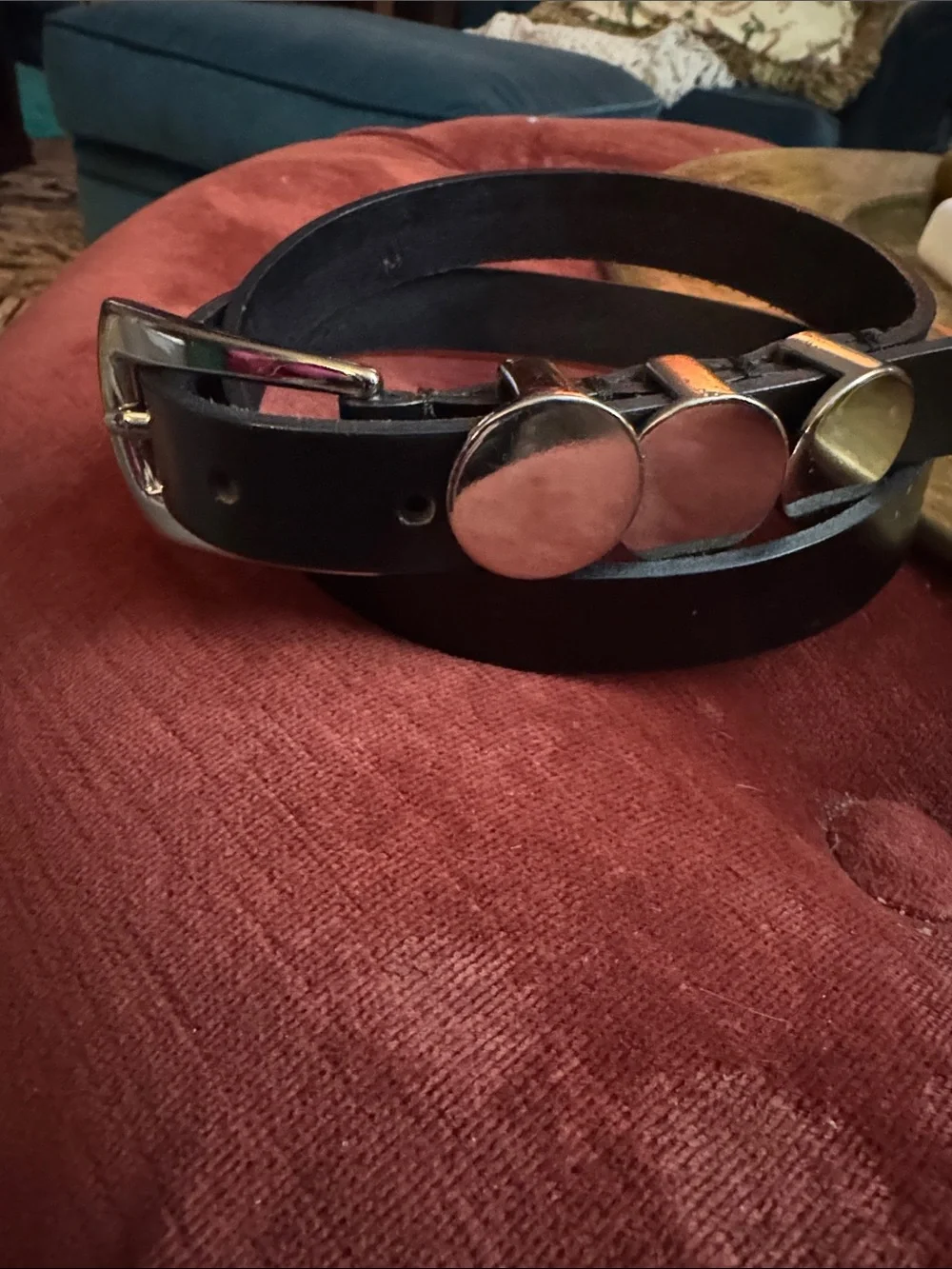 Source Unknown Black Leather Belt with Silver Disc Accents